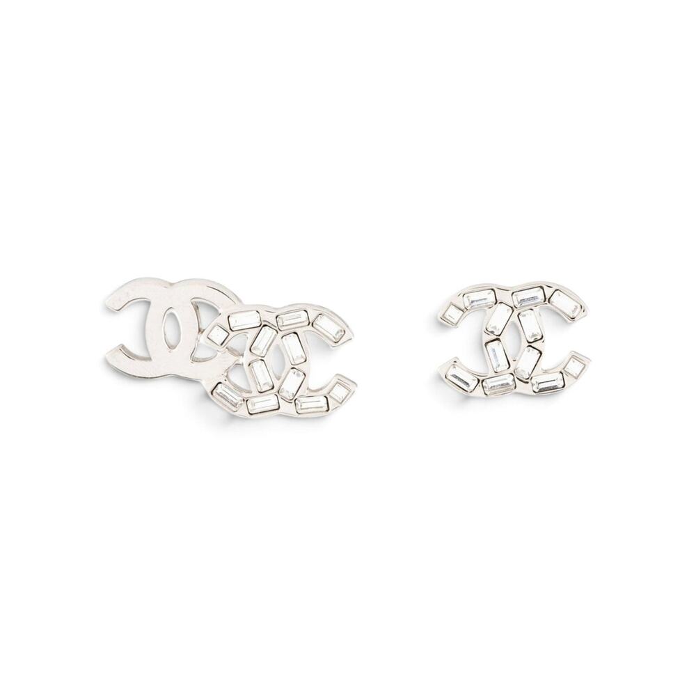 Chanel Silver-tone Strass Interlocking CC Stud Earrings
